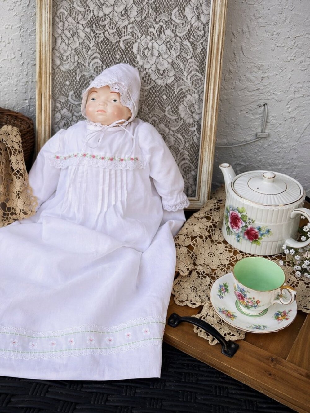 Vintage Porcelain Baby Doll in White Hand Made Embroidered Christening Gown Lace